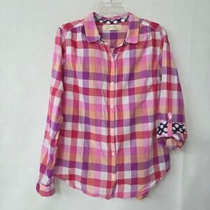 Isabella Sinclair Shirt Plaid Button Up Roll Tab Flip Cuff Women M Gingham Check